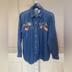 Fall Pumpkin Vintage Denim Jean Shirt 14W 16W Embroidered 90s Bobbie Brooks EUC
